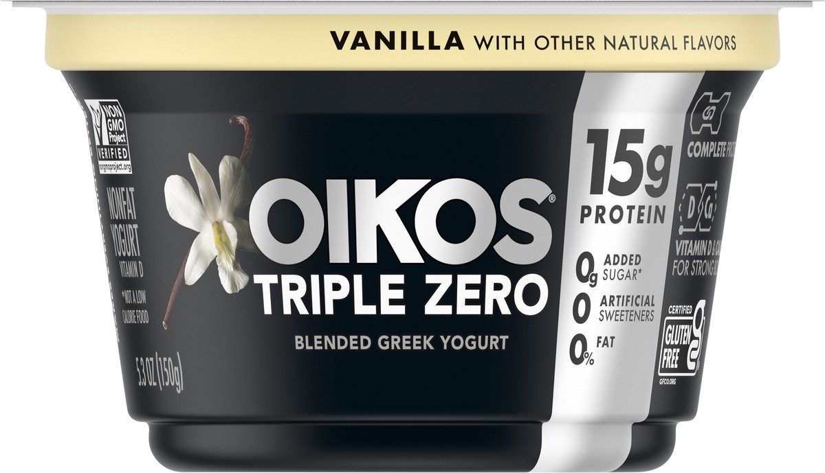 slide 6 of 9, Oikos Vanilla 15g Protein, 0g Added Sugar, Nonfat Greek Yogurt, 5.3 OZ Cup, 5.3 oz