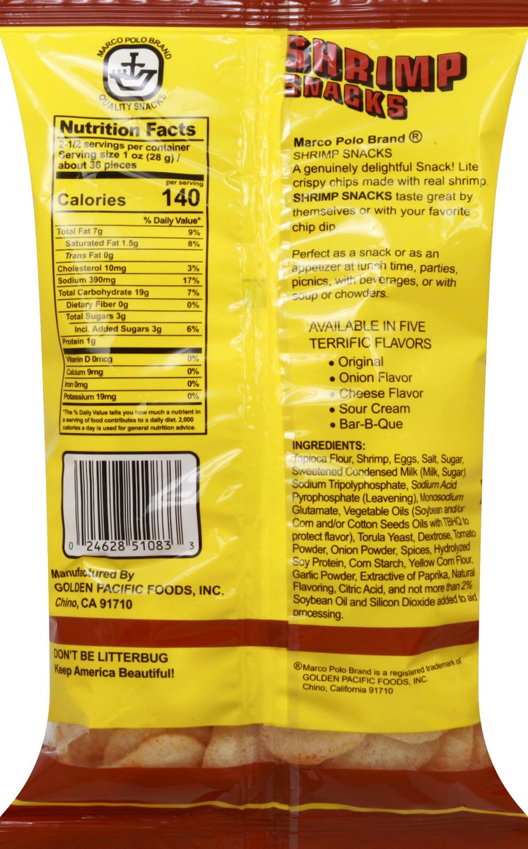 slide 6 of 6, Marco Polo Bar-b-que Flavored Shrimp Snacks, 2.5 oz