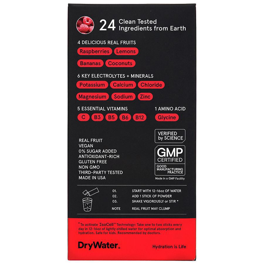 slide 5 of 5, DryWater Electrolytes + Vitamins Complete Stick Packs Raspberry Lemon Hydration Powder 6 Packs, 6 ct