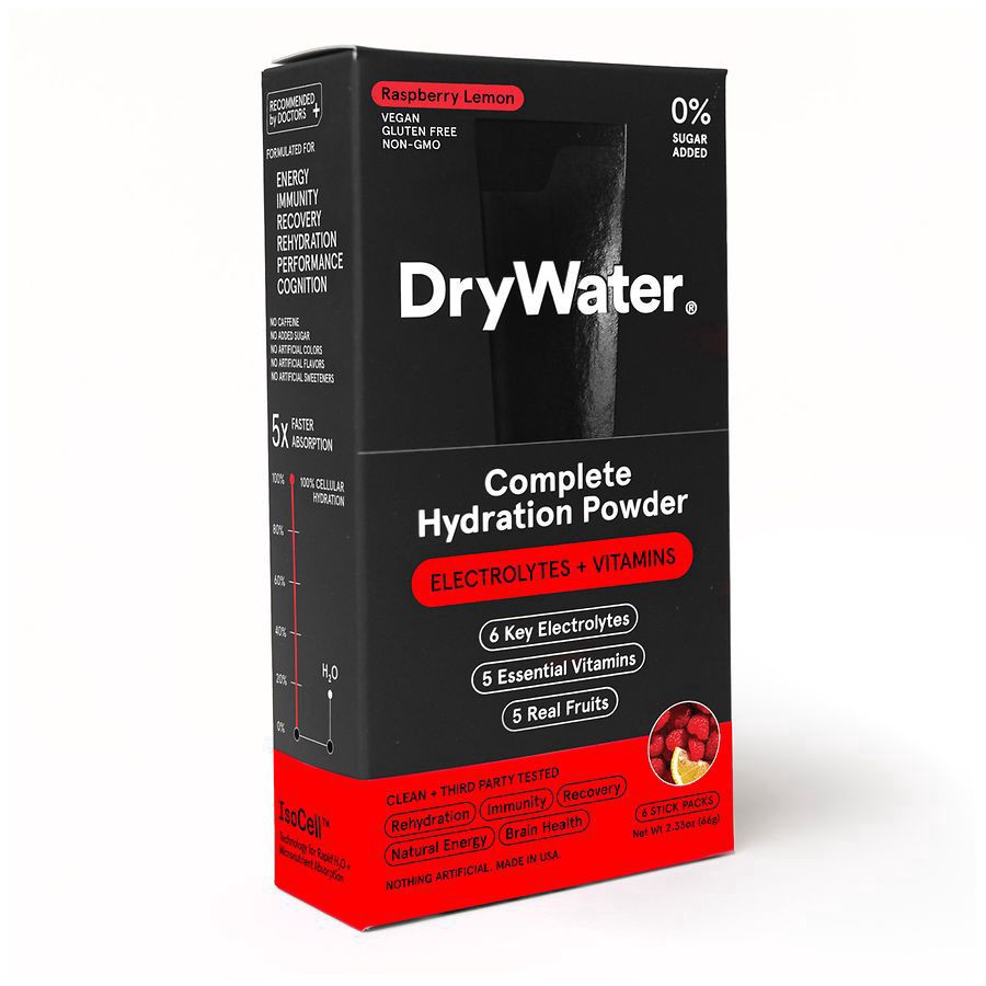 slide 2 of 5, DryWater Electrolytes + Vitamins Complete Stick Packs Raspberry Lemon Hydration Powder 6 Packs, 6 ct