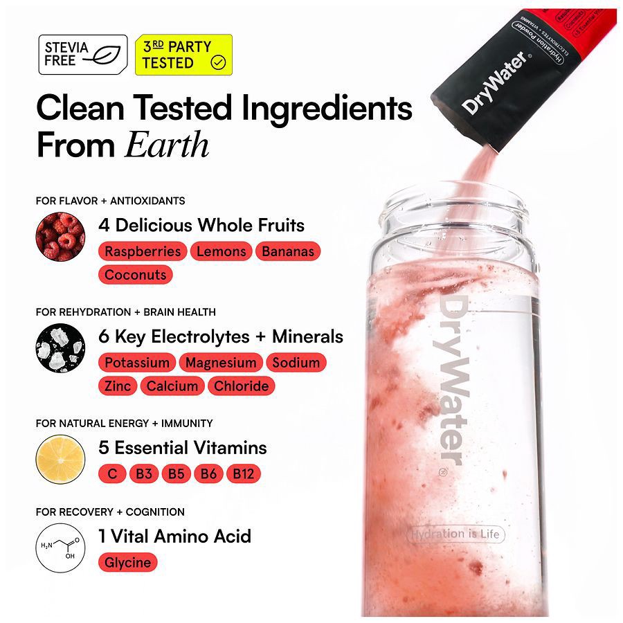 slide 3 of 5, DryWater Electrolytes + Vitamins Complete Stick Packs Raspberry Lemon Hydration Powder 6 Packs, 6 ct