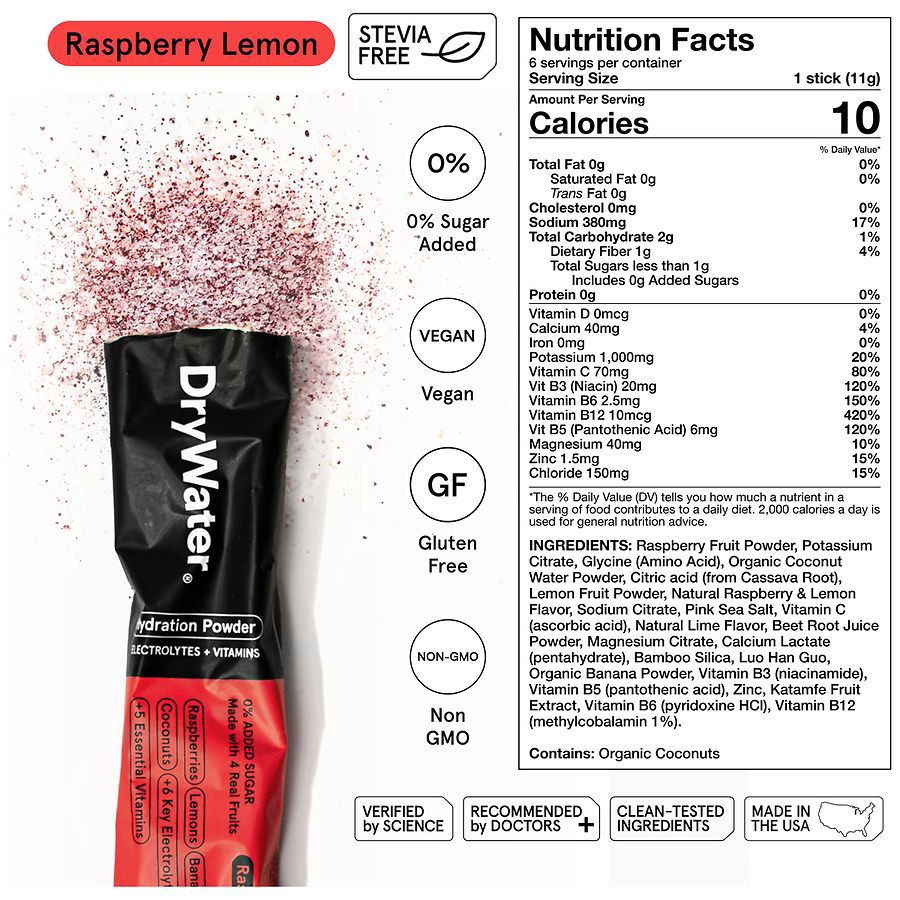 slide 4 of 5, DryWater Electrolytes + Vitamins Complete Stick Packs Raspberry Lemon Hydration Powder 6 Packs, 6 ct