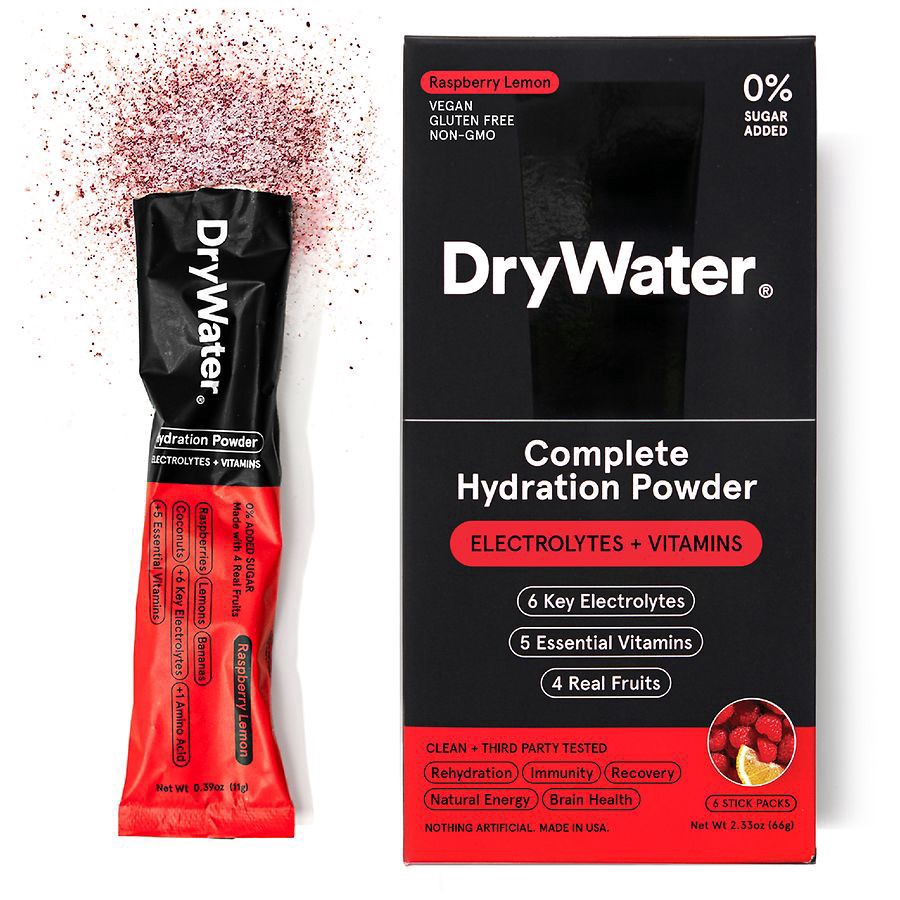 slide 1 of 5, DryWater Electrolytes + Vitamins Complete Stick Packs Raspberry Lemon Hydration Powder 6 Packs, 6 ct