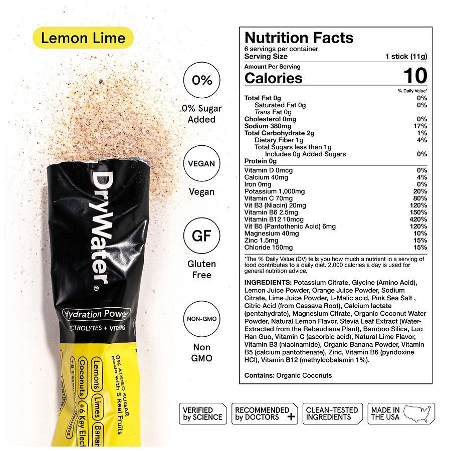slide 3 of 5, DryWater Electrolytes + Vitamins Complete Lemon Lime Hydration Powder 6 Stick Packs, 6 ct