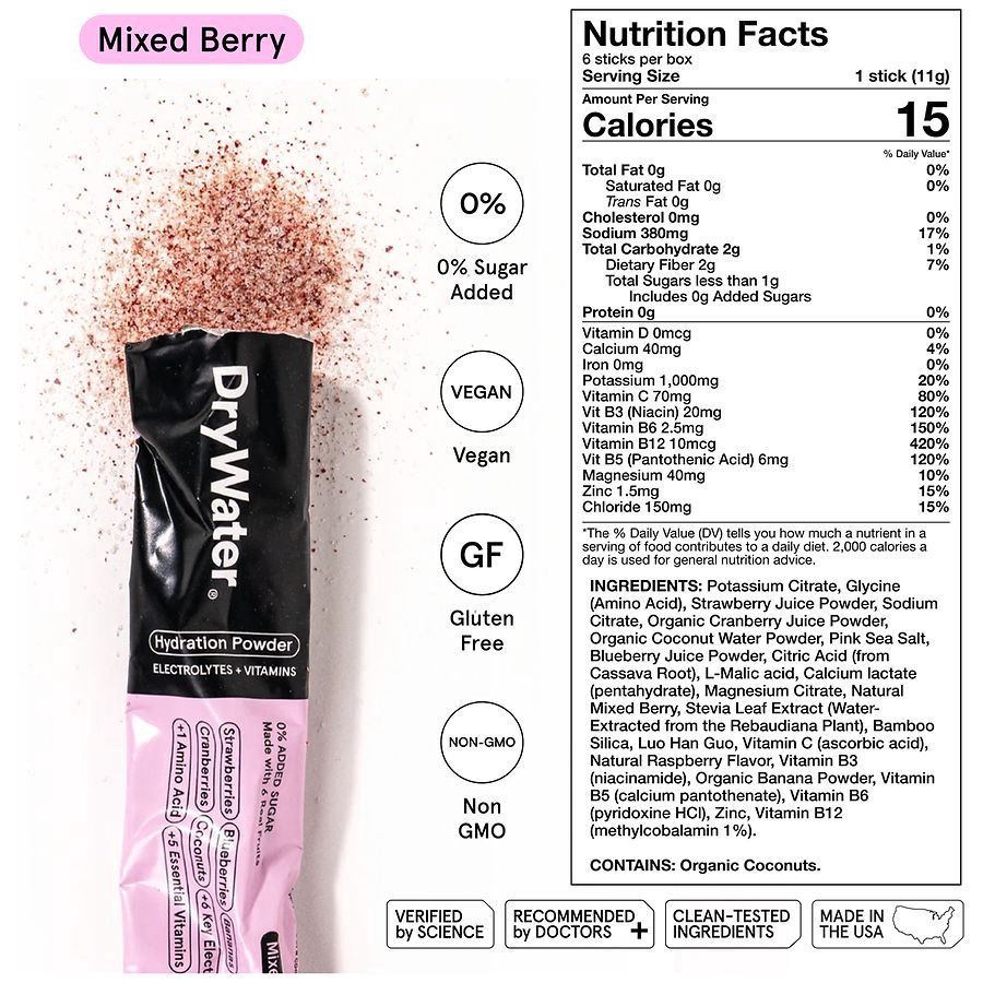 slide 3 of 5, DryWater Electrolytes + Vitamins Complete Stick Packs Mixed Berry Hydration Powder 6 Packs, 6 ct