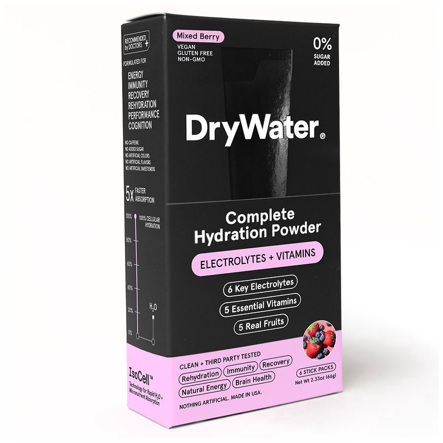 slide 4 of 5, DryWater Electrolytes + Vitamins Complete Stick Packs Mixed Berry Hydration Powder 6 Packs, 6 ct