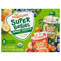 Happy Tot Organics Super Bellies Stage 4 Immune + Digestive Support Blend Pouch Variety Pack, Organic Bananas, Carrots, Strawberries, Spinach and Blueberries, 4 oz, 8 count
