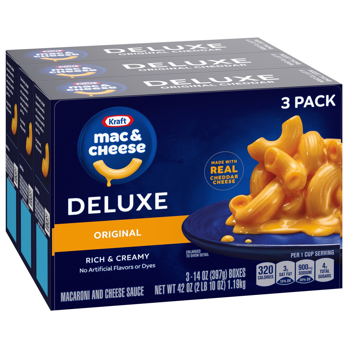 slide 4 of 9, Kraft Deluxe Original Mac & Cheese Macaroni and Cheese Dinner, 3 ct Pack, 14 oz Boxes, 3 ct