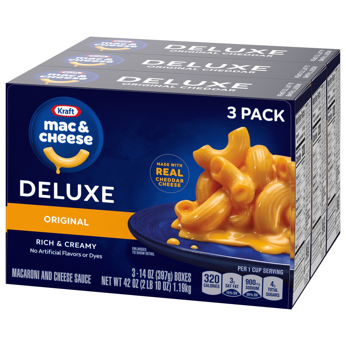 slide 7 of 9, Kraft Deluxe Original Mac & Cheese Macaroni and Cheese Dinner, 3 ct Pack, 14 oz Boxes, 3 ct