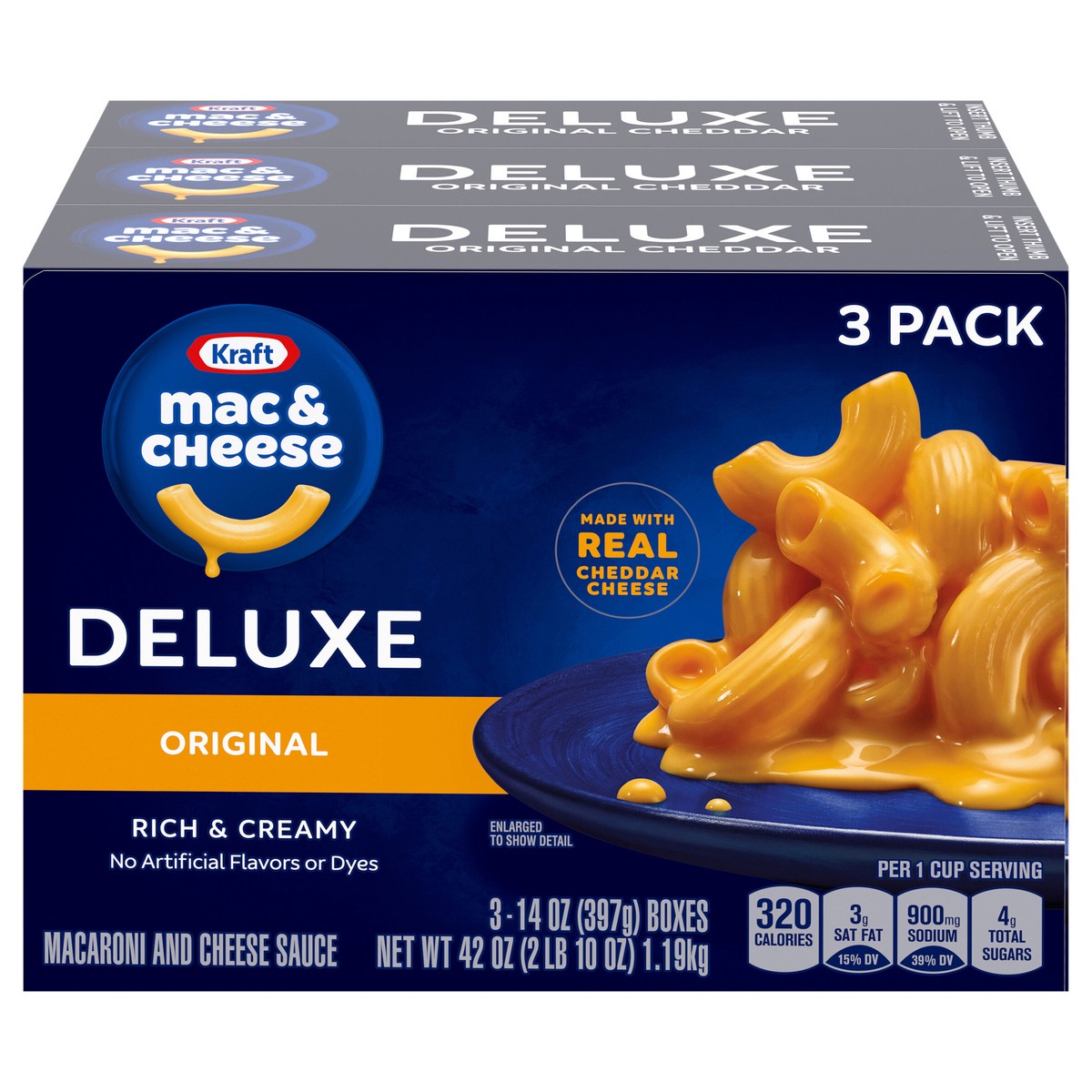 slide 1 of 9, Kraft Deluxe Original Mac & Cheese Macaroni and Cheese Dinner, 3 ct Pack, 14 oz Boxes, 3 ct