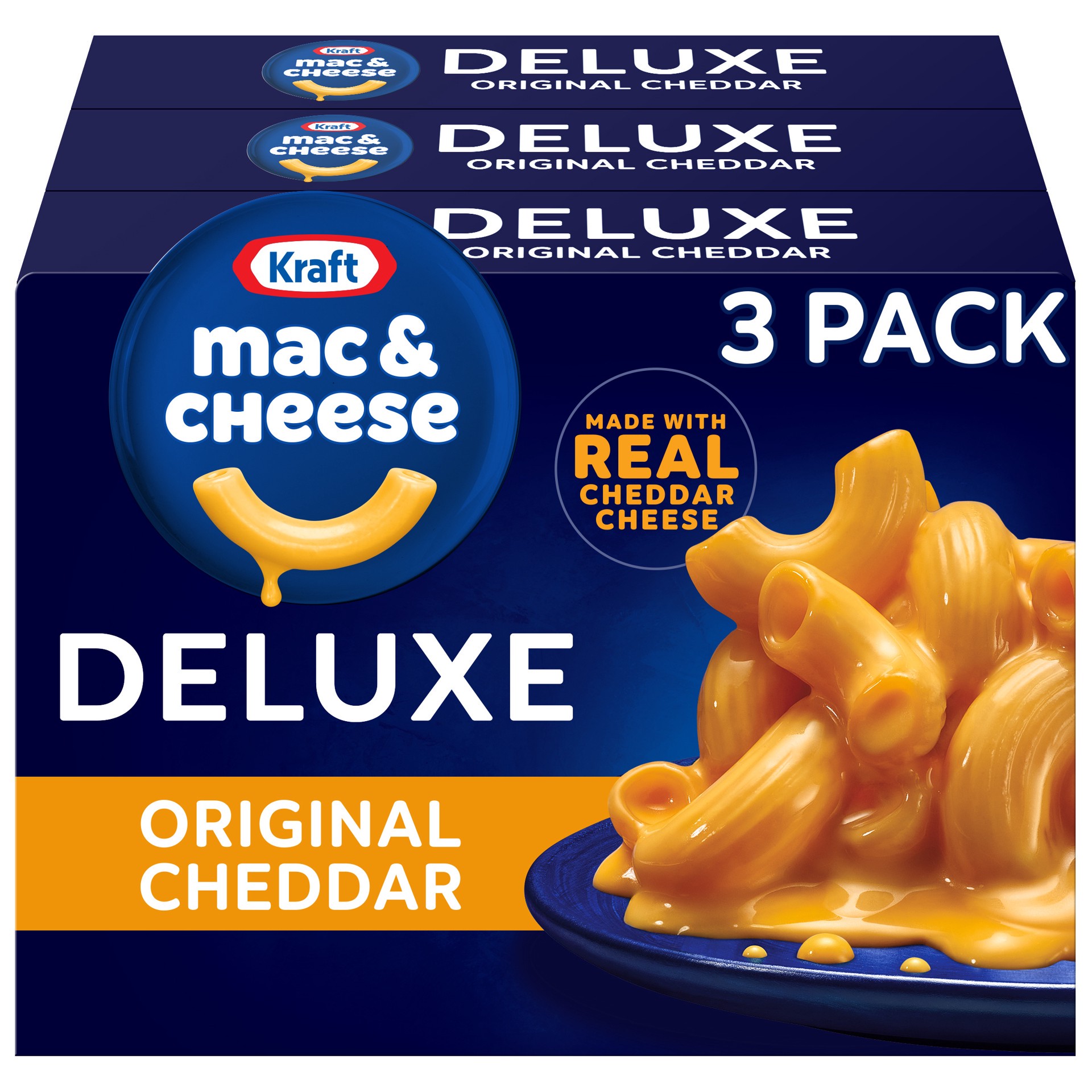 slide 1 of 9, Kraft Deluxe Original Mac & Cheese Macaroni and Cheese Dinner, 3 ct Pack, 14 oz Boxes, 3 ct