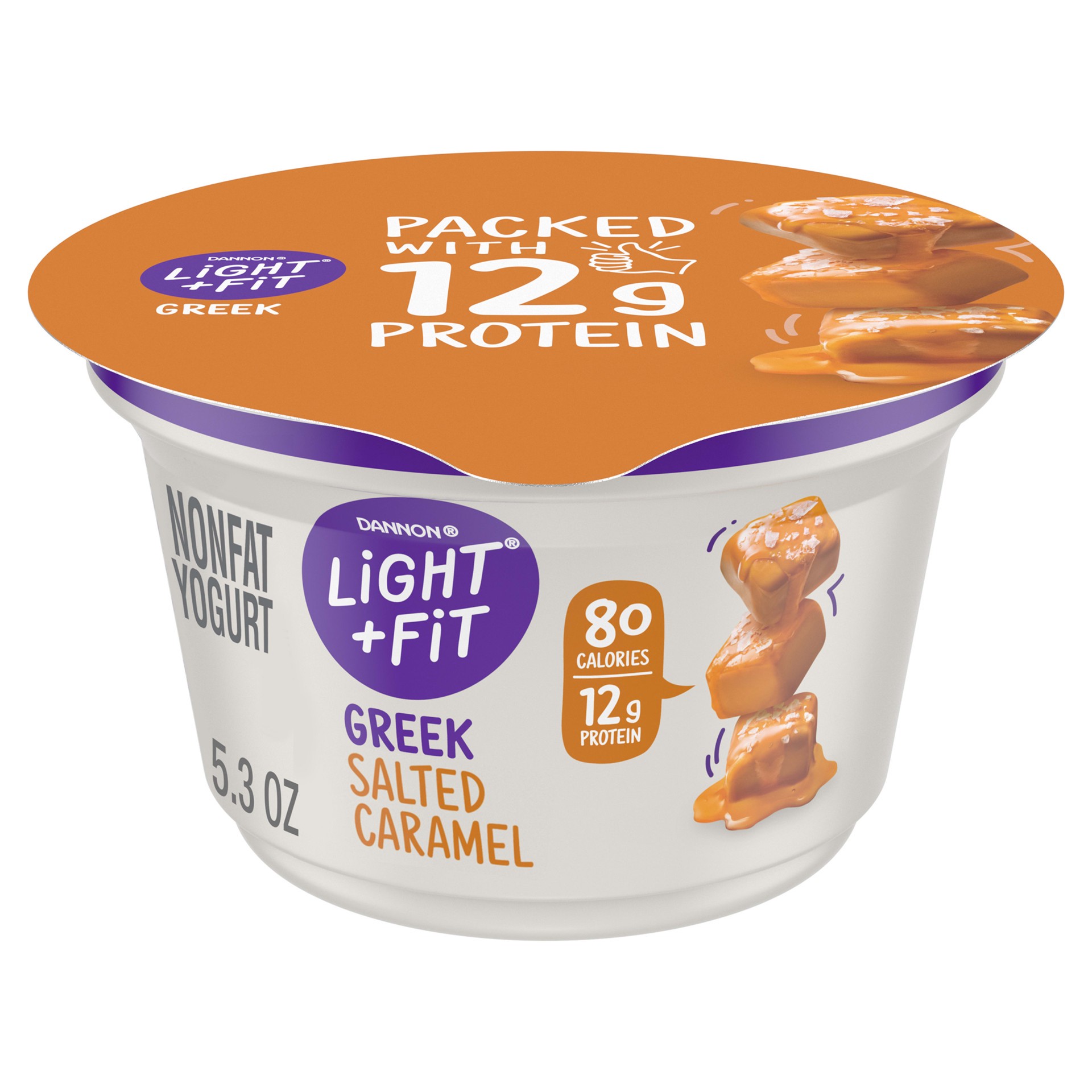 slide 1 of 4, Light + Fit Dannon Light + Fit Greek Nonfat Yogurt, Salted Caramel, Gluten-Free, 5.3 oz., 5.3 oz