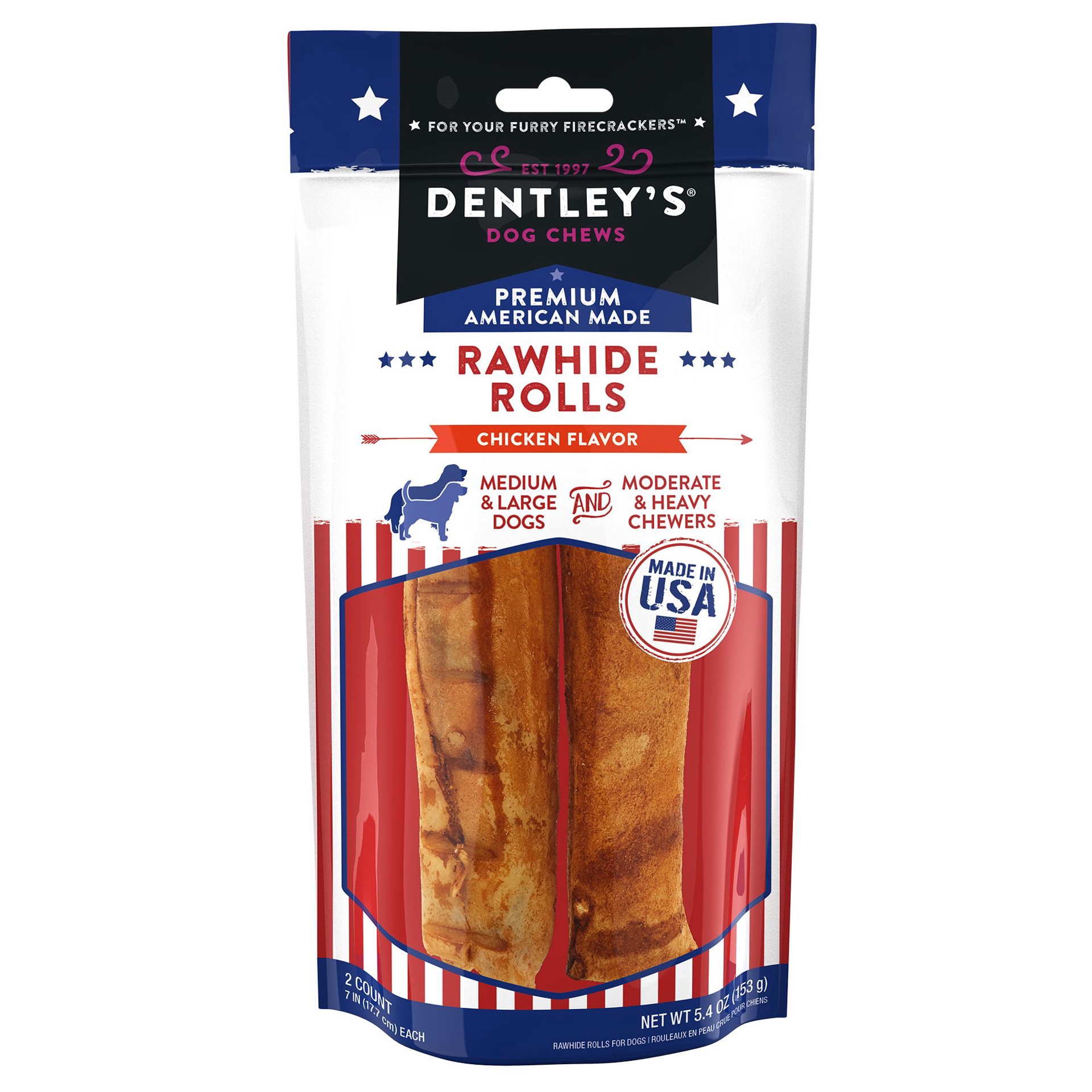 slide 1 of 1, Dentley's American Made 7" Rawhide Rolls Dog Chew - Chicken, 2 Count, 2 ct