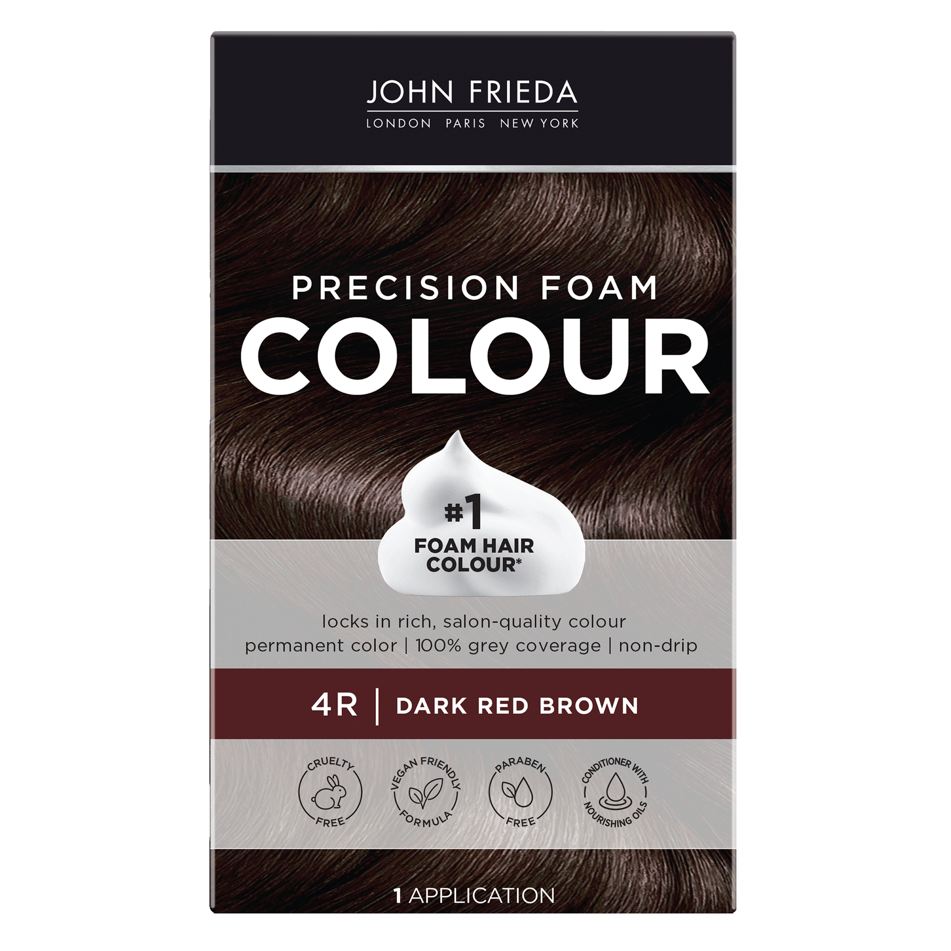 slide 1 of 5, John Frieda Brown Permanent Precision Foam Hair Color Kit, Brown Hair Dye, 4R Dark Red Brown Foam Hair Kit, 1 Application, 1 ct