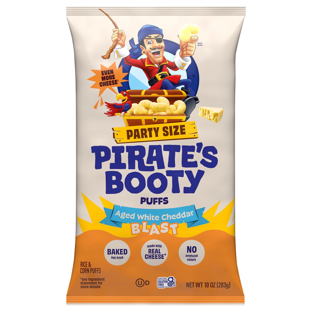 slide 1 of 9, Pirate's Booty Cheddar Blast! Rice & Corn Puffs Family Size 10 oz, 10 oz