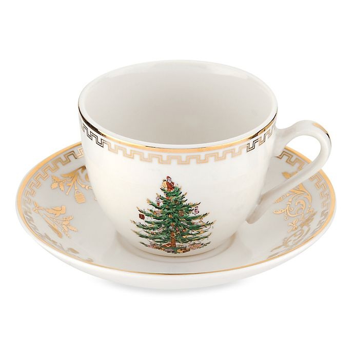 slide 1 of 1, Spode Christmas Tree Gold Teacups and Saucers, 4 ct