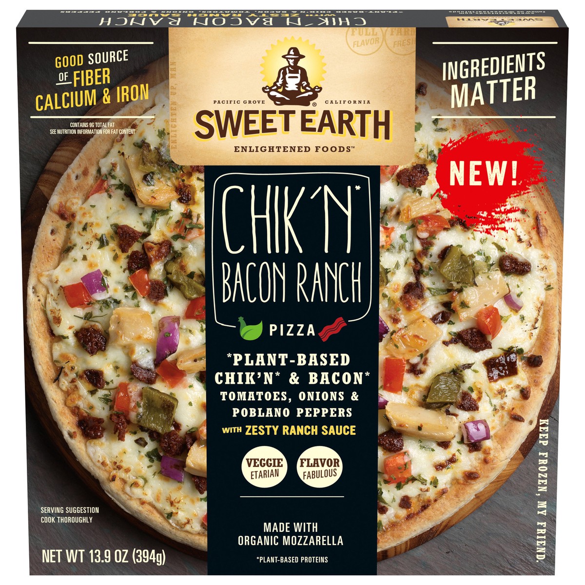 slide 1 of 3, Sweet Earth Chik'n Bacon Ranch Frozen Pizza with Plant Based Protein 13.9 oz., 13.9 oz
