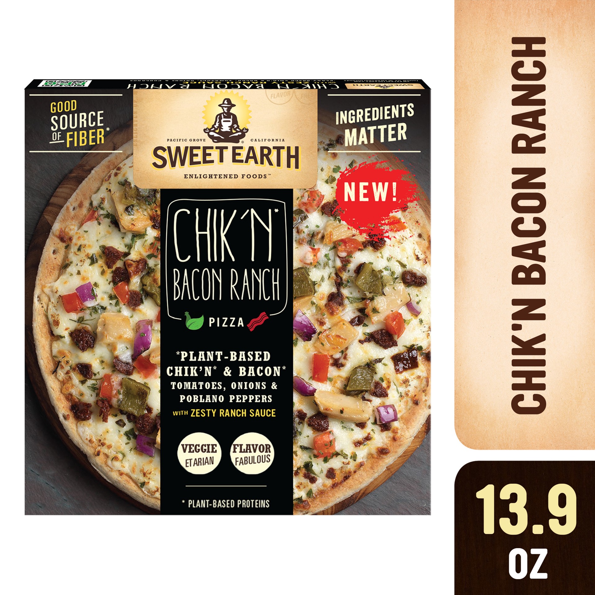 slide 1 of 3, Sweet Earth Chik'n Bacon Ranch Vegetarian Chicken Frozen Pizza, 13.9 Oz -Plant Based Protein Vegetarian Pizza, 13.9 oz