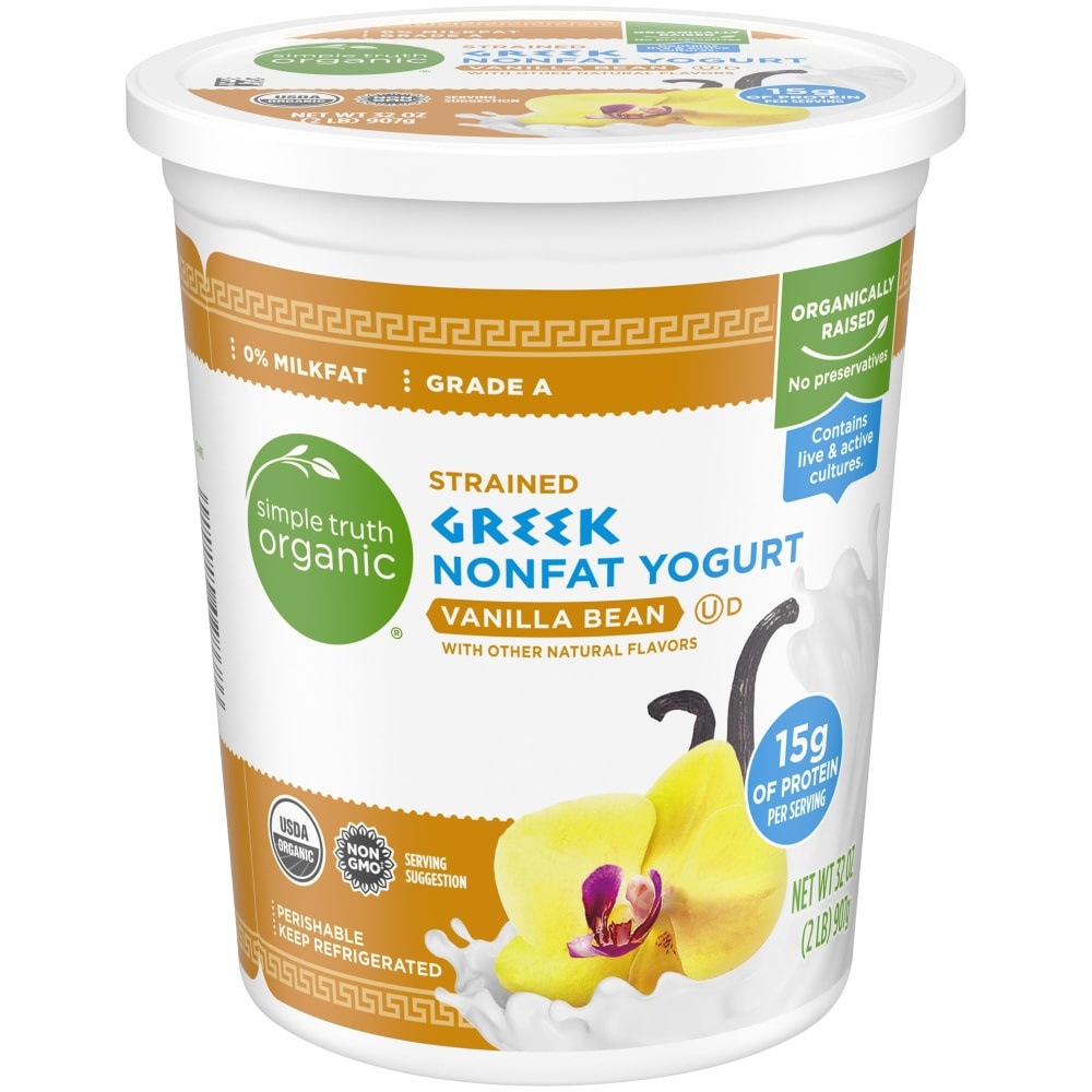 slide 1 of 1, Simple Truth Organic Strained Vanilla Bean Greek Nonfat Yogurt, 32 oz