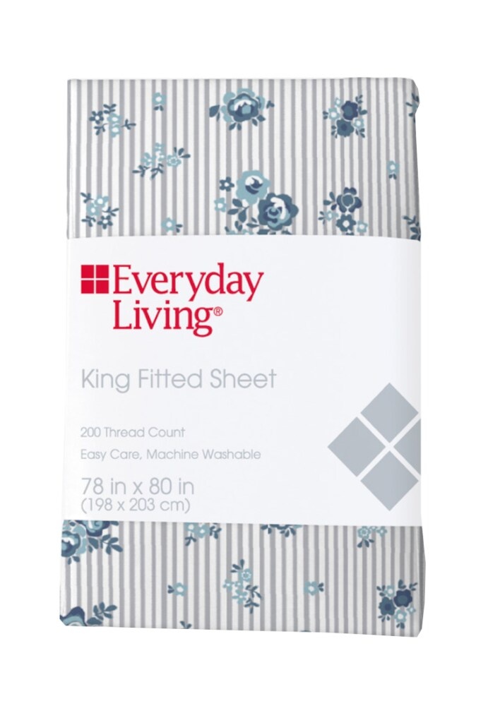 slide 1 of 1, Everyday Living 200 Thread Count Cotton/Polyester Fitted Sheet - Peonies Pinstripe, King Size