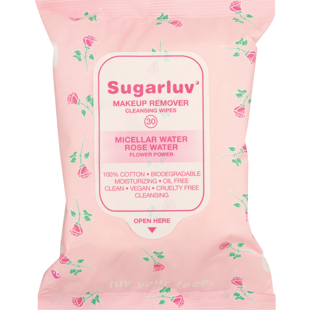 slide 1 of 1, SUGARLUV Makeup Removing Cleansing Wipes Micellar Water + Rosewater, 30 ct