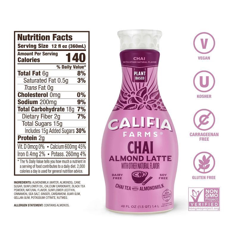 slide 4 of 7, Califia Farms Chai Almond Latte - 48fl oz, 48 fl oz