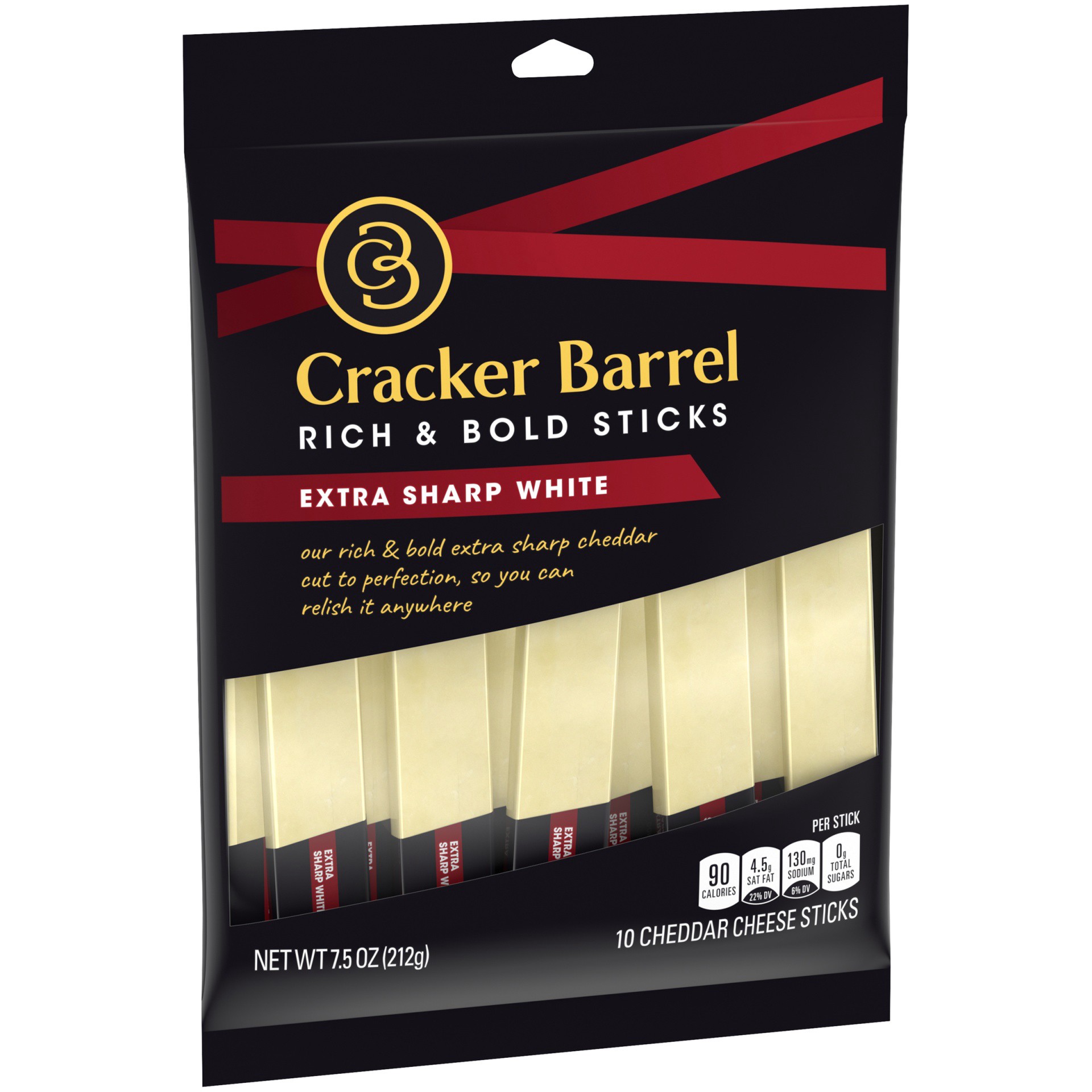 slide 10 of 10, Cracker Barrel Rich & Bold Extra Sharp White Cheddar Cheese Snacks, 10 ct Sticks, 10 ct