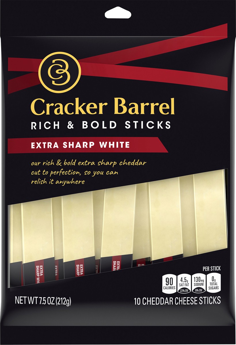 slide 1 of 10, Cracker Barrel Rich & Bold Extra Sharp White Cheddar Cheese Snacks, 10 ct Sticks, 7.5 oz