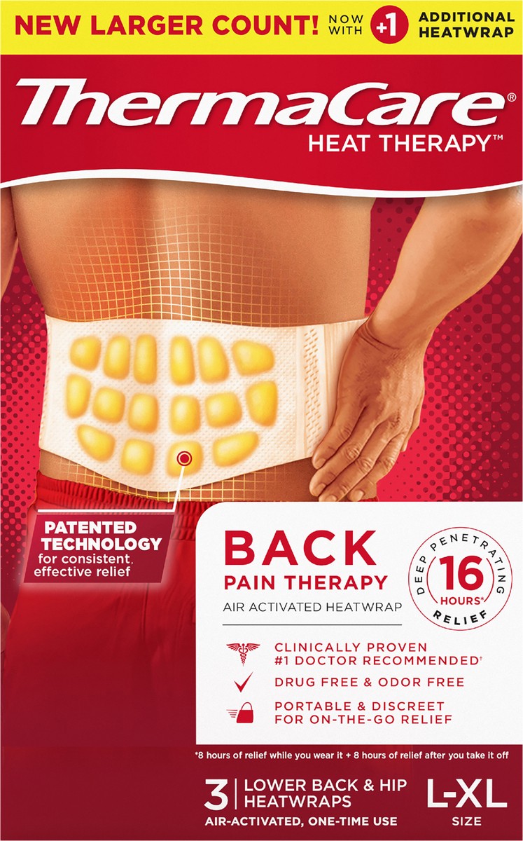 slide 5 of 8, ThermaCare Heat Therapy One-Time Use Air-Activated Lower Back & Hip Heatwraps L-XL 3 ea, 3 ct