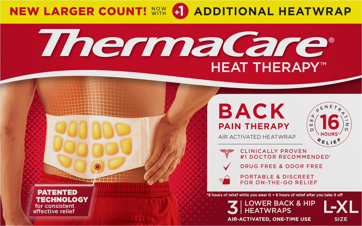 slide 4 of 8, ThermaCare Heat Therapy One-Time Use Air-Activated Lower Back & Hip Heatwraps L-XL 3 ea, 3 ct