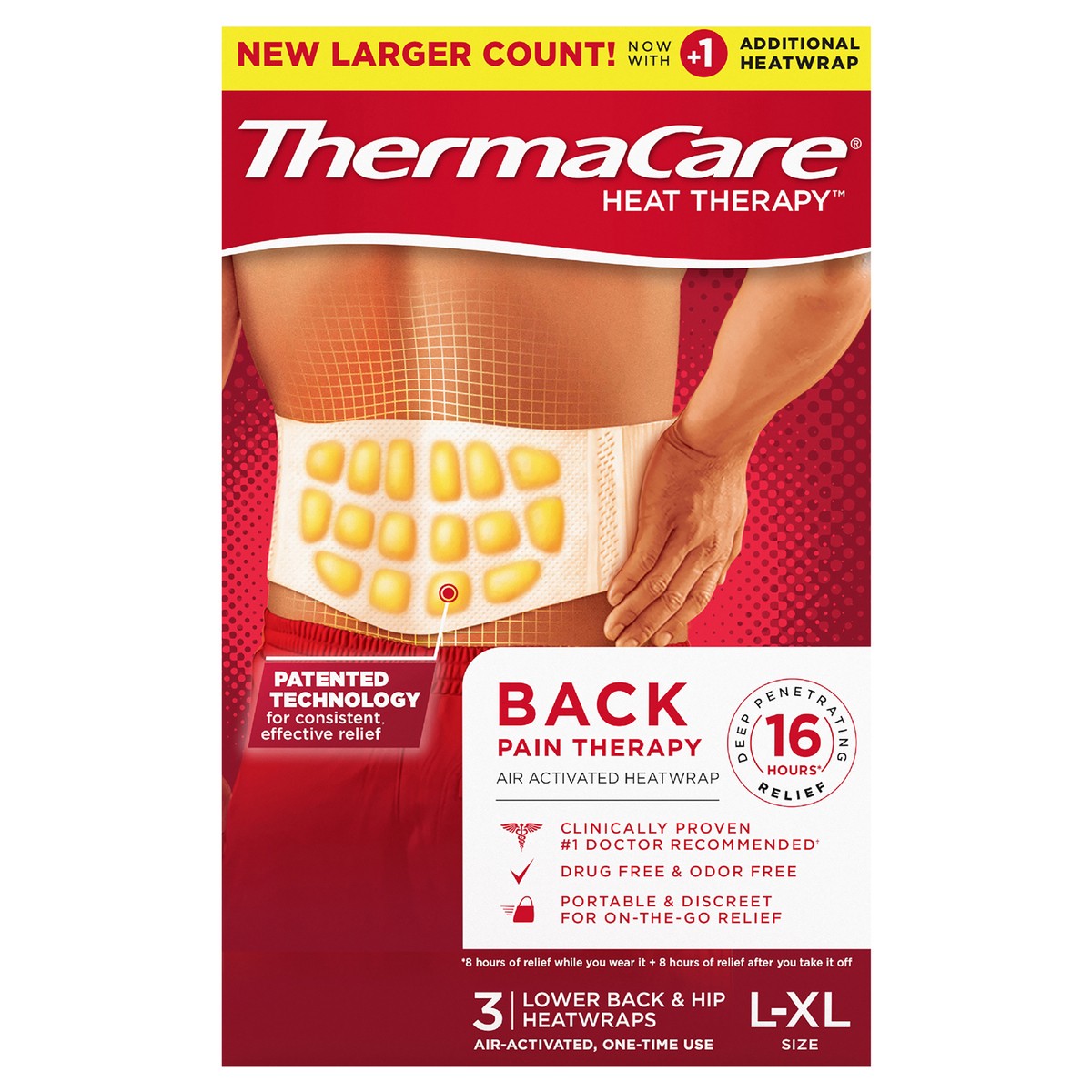 slide 1 of 8, ThermaCare Heat Therapy One-Time Use Air-Activated Lower Back & Hip Heatwraps L-XL 3 ea, 3 ct