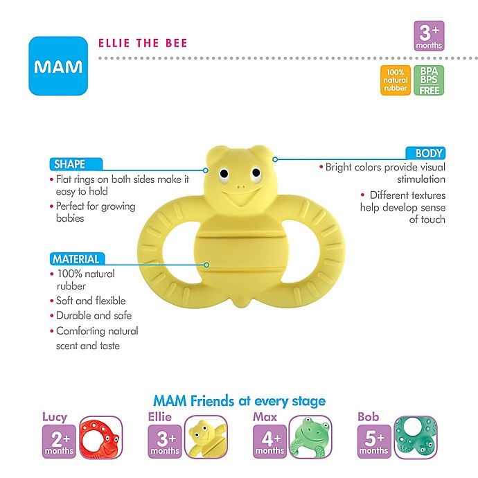 slide 5 of 8, MAM Friends Bee Natural Rubber Teether - Yellow, 1 ct