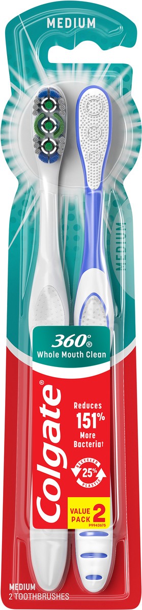 slide 6 of 7, Colgate 360 Whole Mouth Clean Medium toothbrush for adults, 2pk, 2 ct