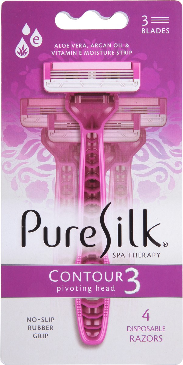 slide 8 of 9, Pure Silk Contour 3-Blade Disposable Razors, 4-Pack, 4 ct