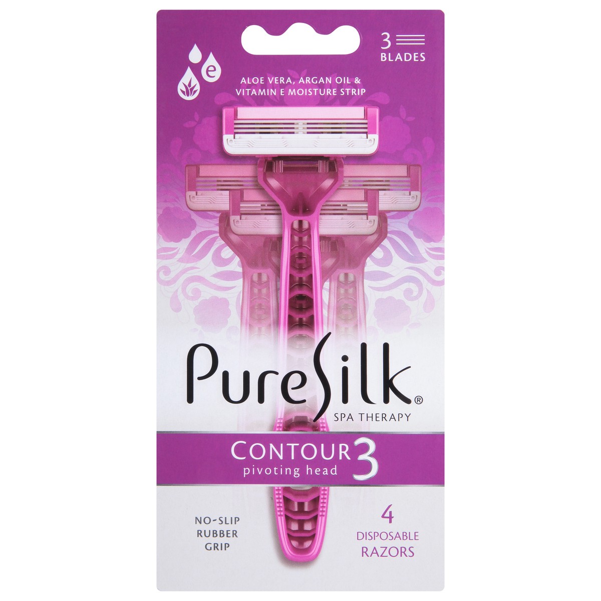 slide 1 of 9, Pure Silk Contour 3-Blade Disposable Razors, 4-Pack, 4 ct