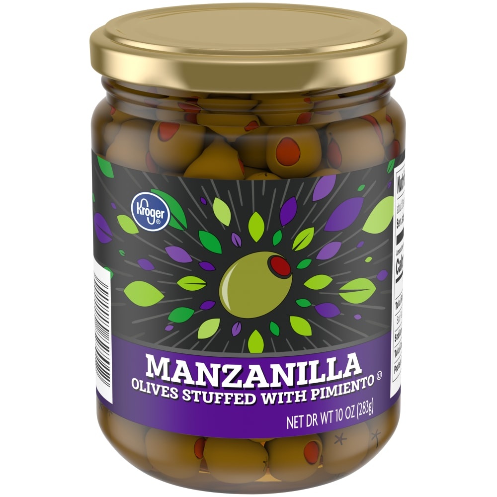 slide 1 of 1, Kroger Manzanilla Olives Stuffed with Pimiento, 10 oz