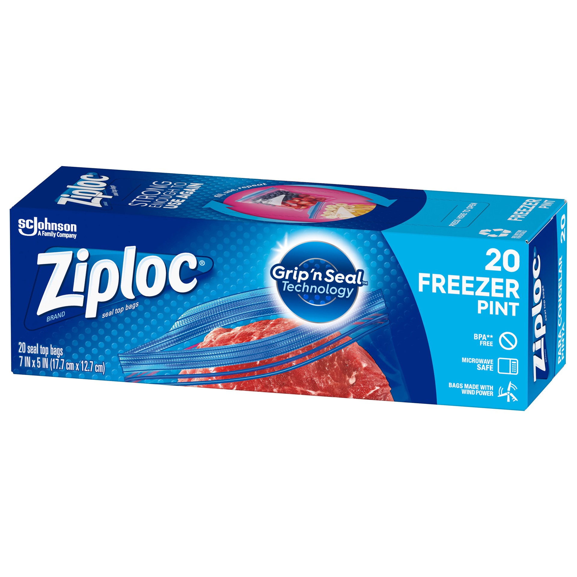 slide 3 of 5, Ziploc Brand Freezer Bags with Grip 'n Seal Technology, Pint, 20 Count, 20 ct