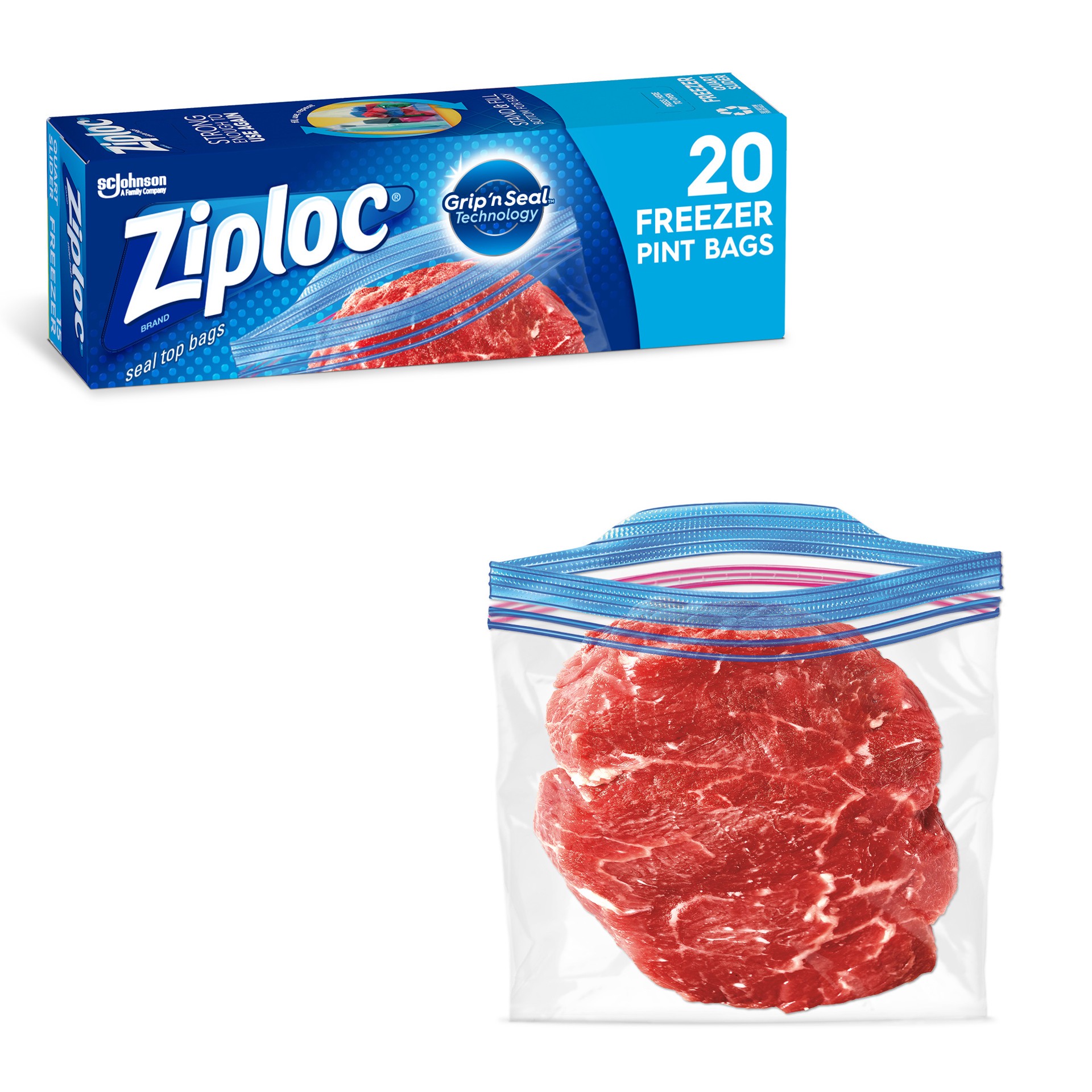 slide 2 of 5, Ziploc Brand Freezer Bags with Grip 'n Seal Technology, Pint, 20 Count, 20 ct