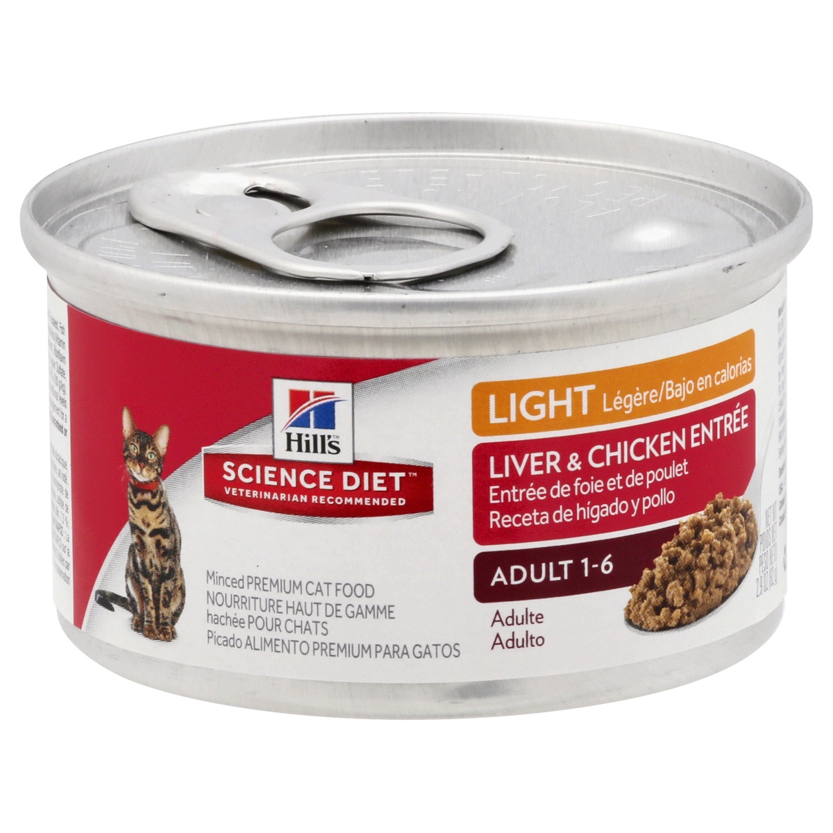 slide 1 of 1, Science Diet Cat Food, Premium, Liver & Chicken Entree, Light, Adult 1-6, Minced, 2.9 oz