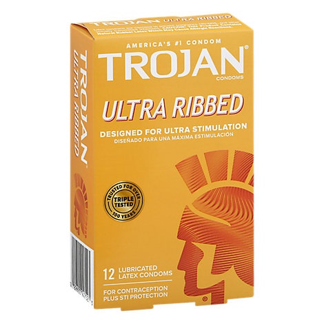 slide 1 of 1, Trojan Stimulations Ultra Ribbed Lubricated Condom, 12 ct