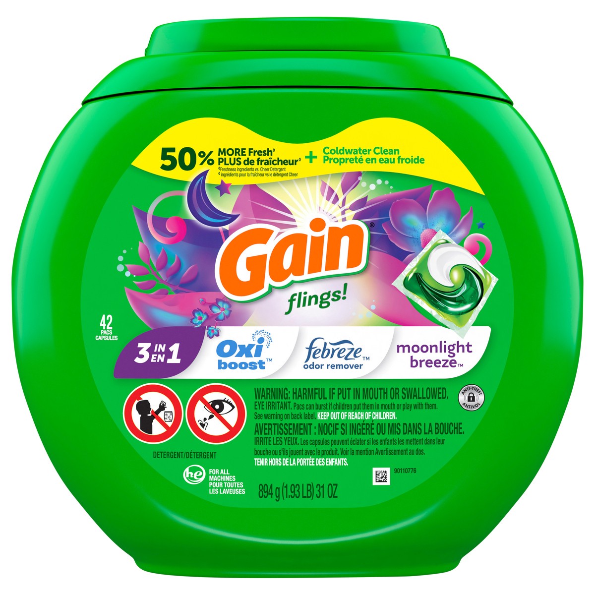 slide 1 of 2, Gain flings Laundry Detergent Soap Pacs, HE Compatible, 42 ct, Long Lasting Scent, Moonlight Breeze, 42 ct