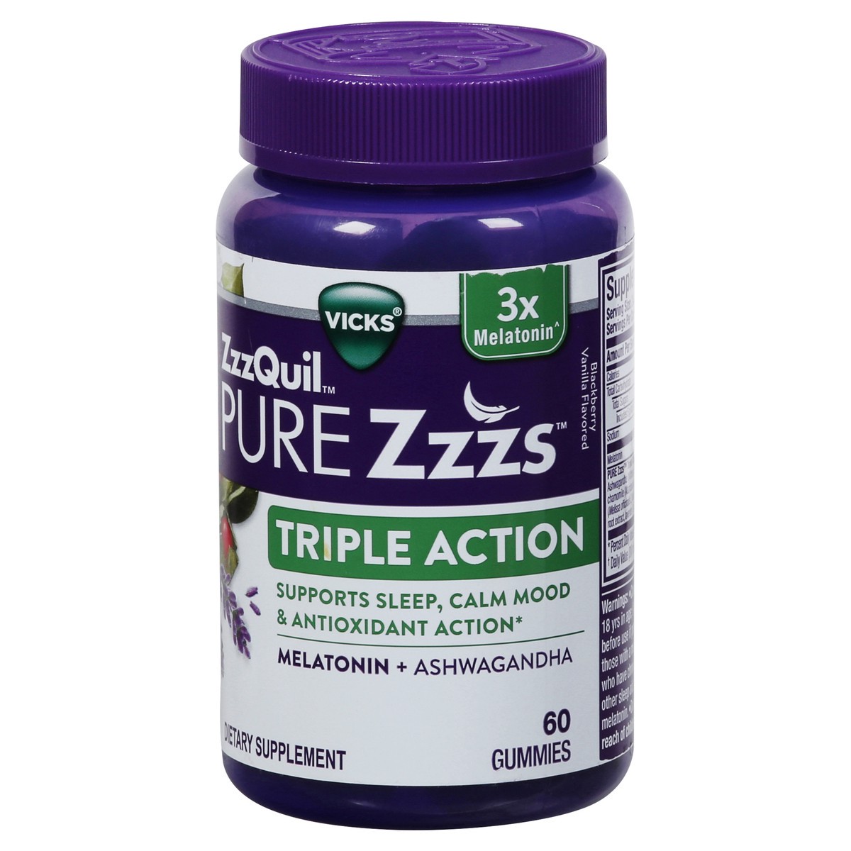 slide 4 of 9, Vicks ZzzQuil PURE Zzzs Triple Action, Melatonin Gummies, Melatonin 6mg, 3X Melatonin, Sleep Aid with Ashwagandha, Calm Mood, Antioxidant Action, Sleep Aids for Adults, 60 Sleep Gummies, 60 ct