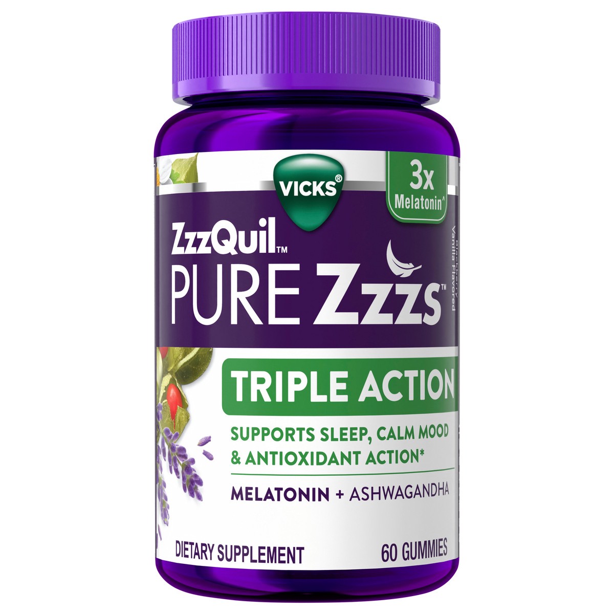 slide 1 of 9, Vicks ZzzQuil PURE Zzzs Triple Action, Melatonin Gummies, Melatonin 6mg, 3X Melatonin, Sleep Aid with Ashwagandha, Calm Mood, Antioxidant Action, Sleep Aids for Adults, 60 Sleep Gummies, 60 ct