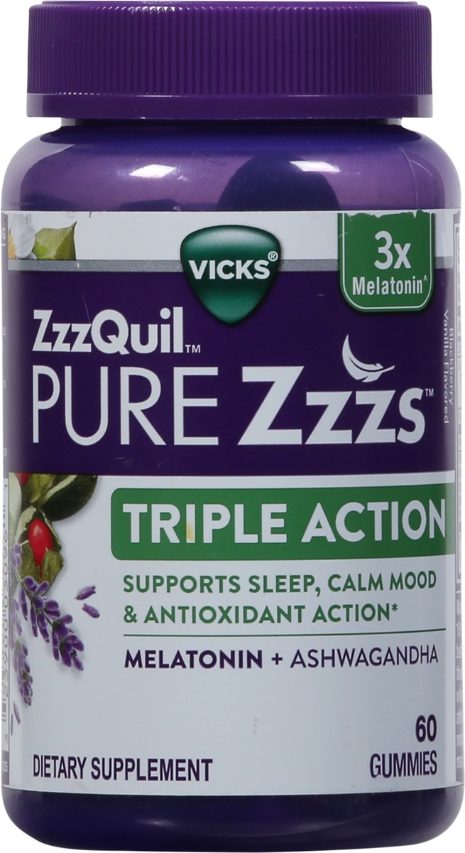 slide 7 of 9, Vicks ZzzQuil PURE Zzzs Triple Action, Melatonin Gummies, Melatonin 6mg, 3X Melatonin, Sleep Aid with Ashwagandha, Calm Mood, Antioxidant Action, Sleep Aids for Adults, 60 Sleep Gummies, 60 ct