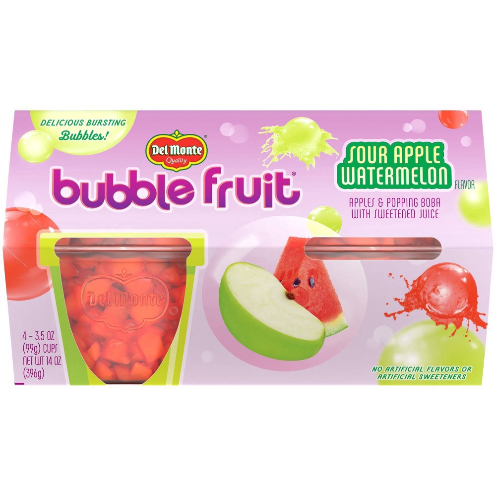 slide 10 of 15, Del Monte Sour Apple Watermelon Bubble Fruit 4 3.5 oz Cup/Tub/Bowl 4 ea Sleeve, 4 ct