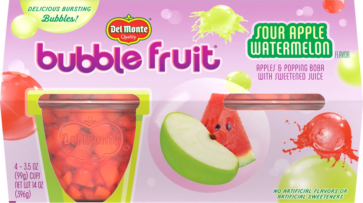 slide 1 of 15, Del Monte Sour Apple Watermelon Bubble Fruit 4 3.5 oz Cup/Tub/Bowl 4 ea Sleeve, 4 ct