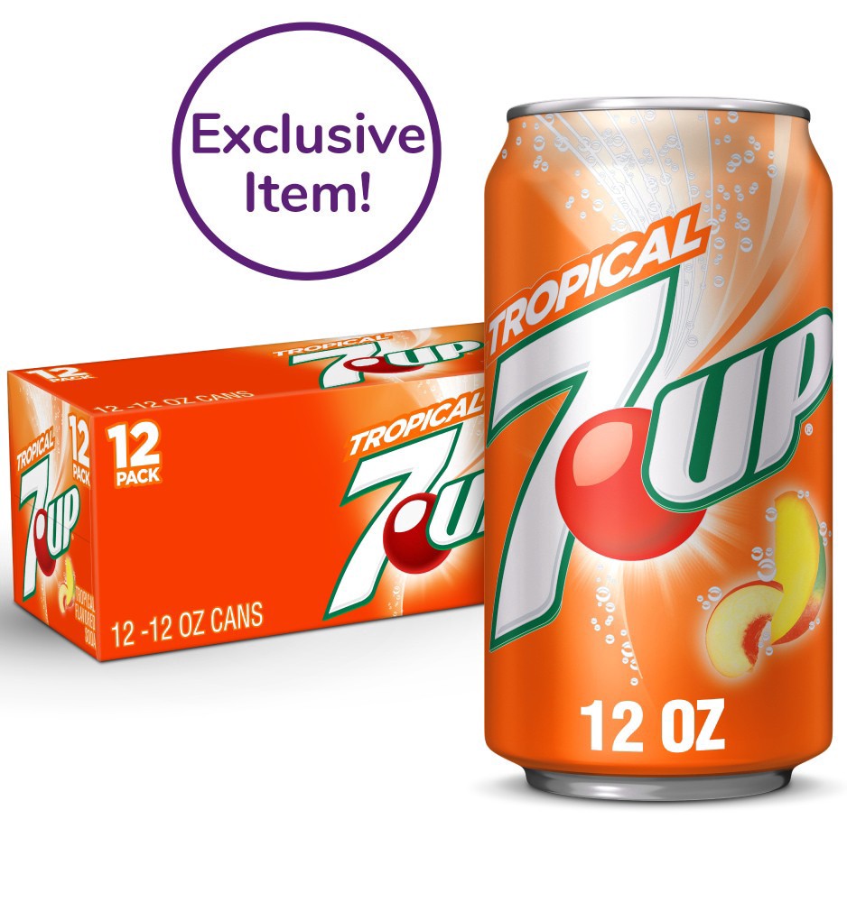 slide 1 of 6, 7UP Tropical Soda, 12 fl oz cans, 12 pack, 12 ct; 12 fl oz