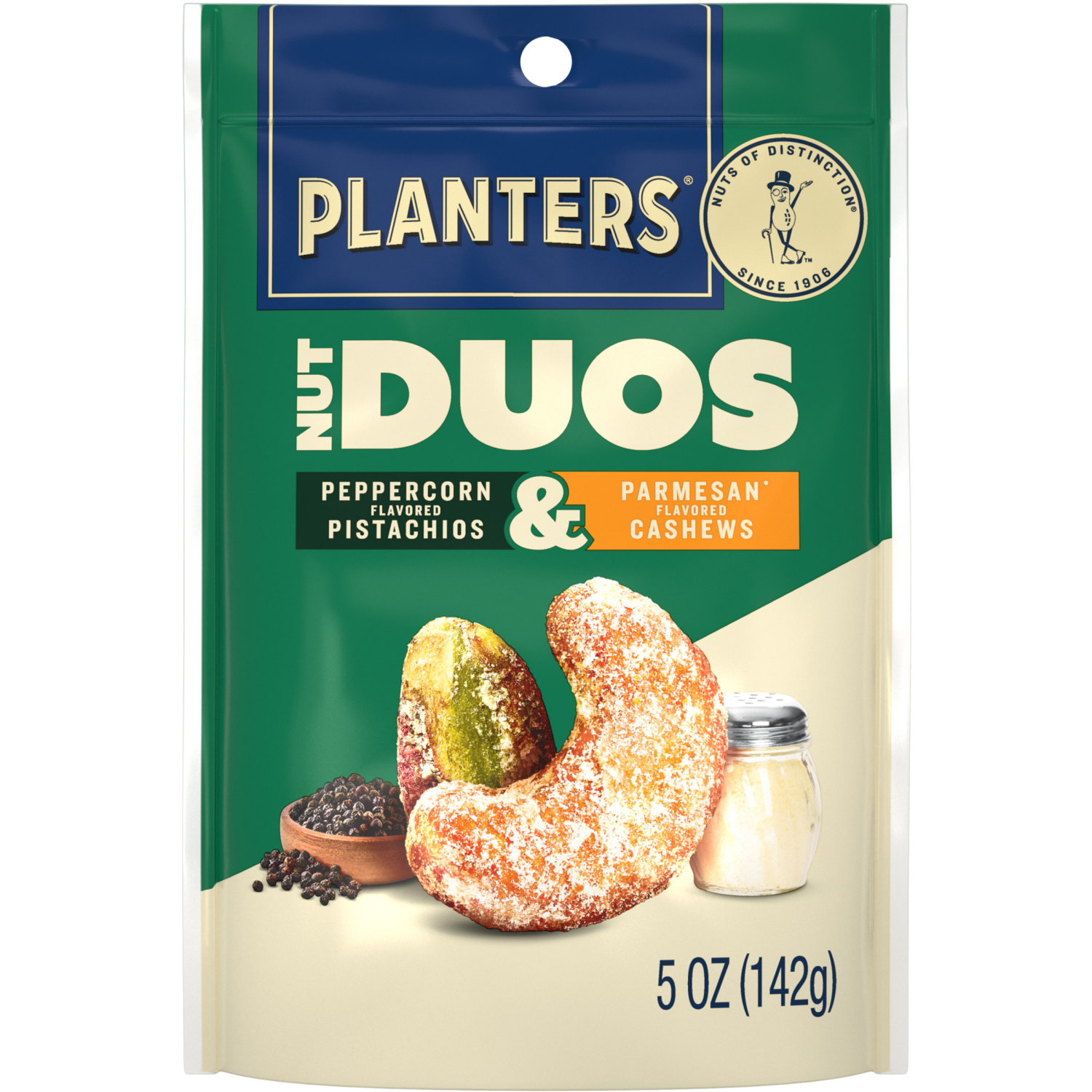 slide 1 of 7, Planters Nut Duos Peppercorn/Parmesan Flavored Pistachios & Cashews 5 oz, 5 oz
