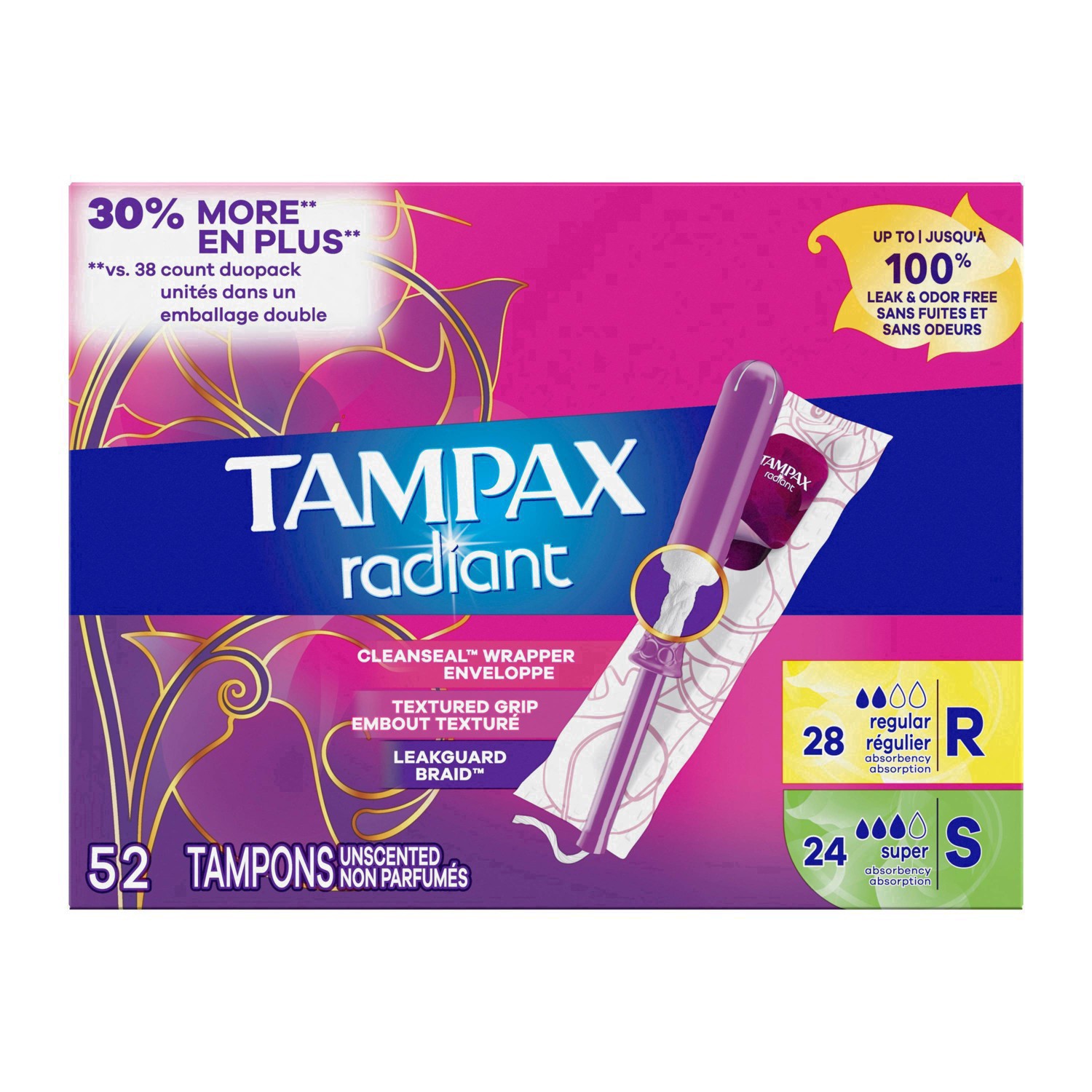 slide 19 of 36, Tampax Radiant Duopack Regular/Super Absorbency Unscented Plastic Tampon - 52ct, 52 ct