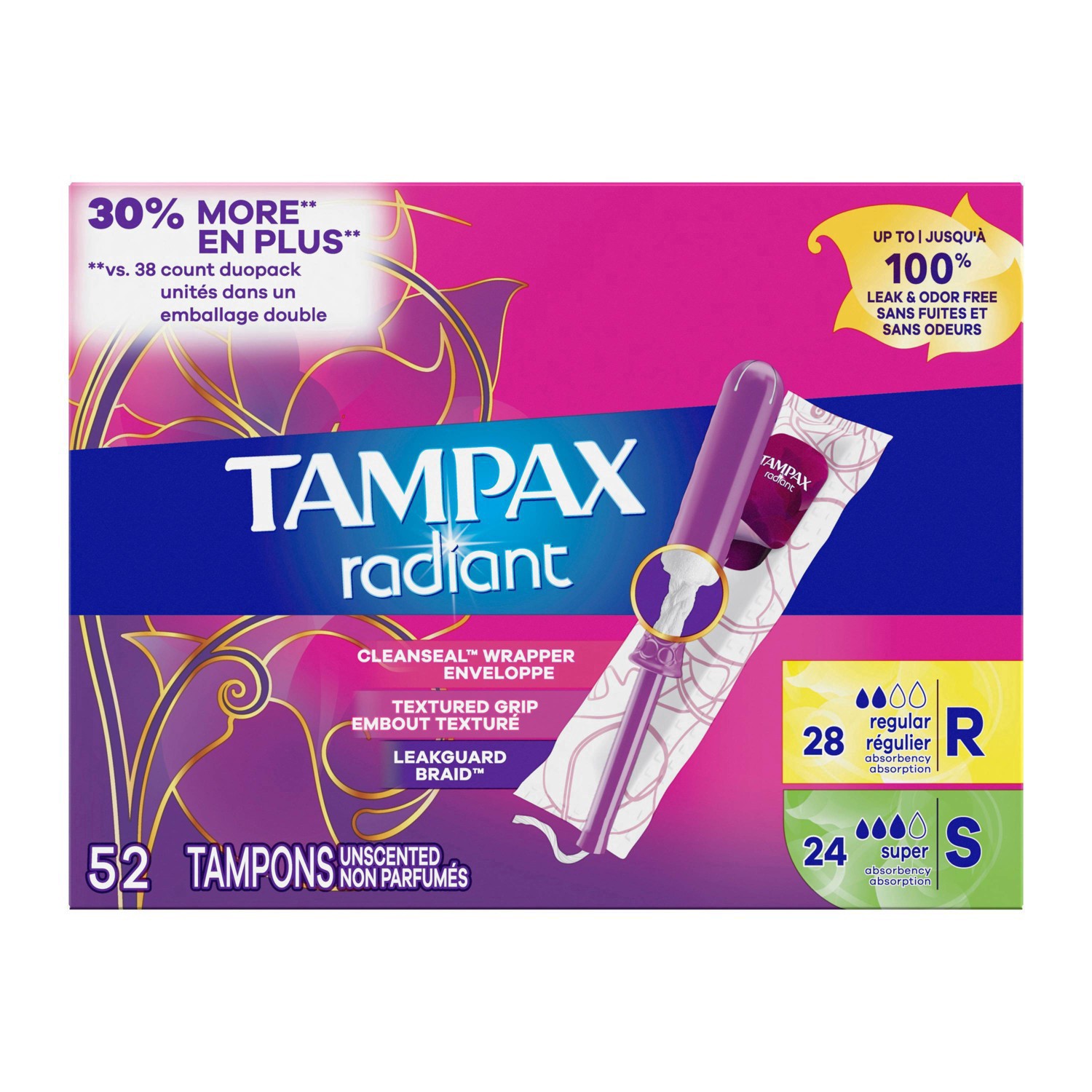 slide 36 of 36, Tampax Radiant Duopack Regular/Super Absorbency Unscented Plastic Tampon - 52ct, 52 ct